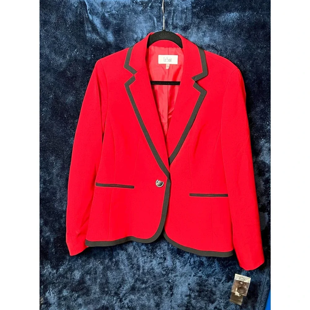 Le Suit Red with black trim Jacket Blazer 12 NWT